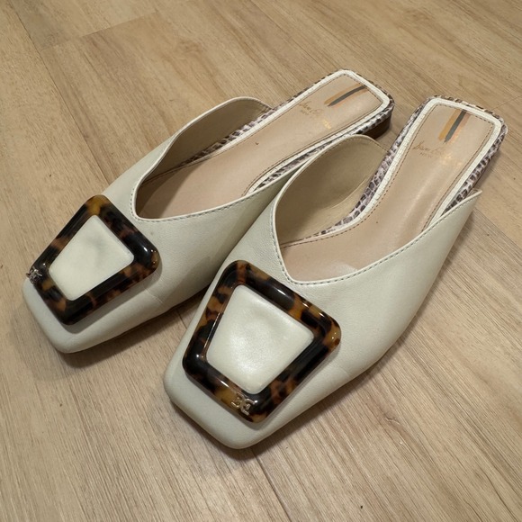 Sam Edelman Shoes - Sam Edelman Jolee Ivory Leather Tortoise Buckle Square Toe Mules Flat Womens 6.5